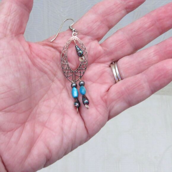 Silver Toned Chandelier Earrings, Hematite Jewelry, Long Dangle Earrings Women - Picture 9 of 9
